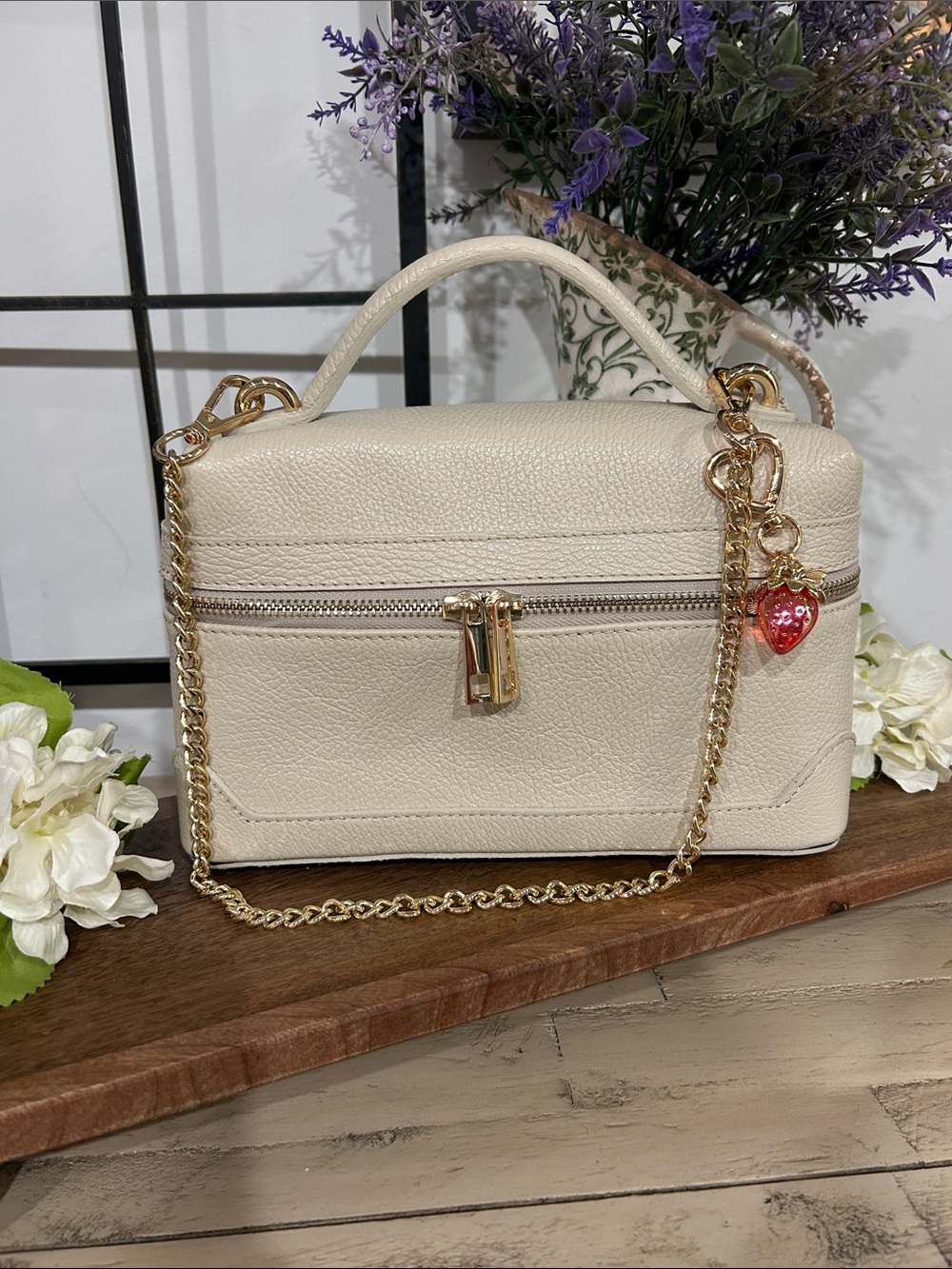 Divina Firenze Cream Mini Top-Handle Crossbody Bag with Gold Chain